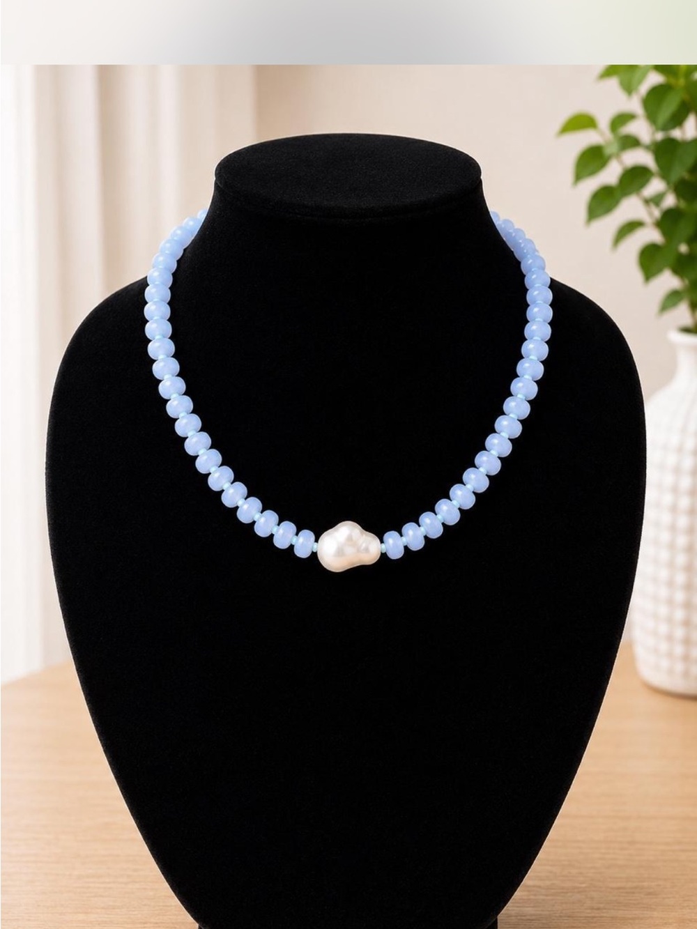 Elegant Light Blue Beaded Necklace with Pearl Accent